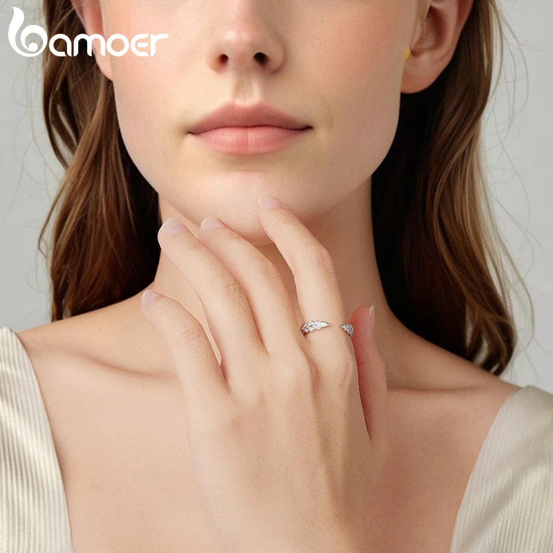 Bamoer 925 Sterling Silver Wheat Ear Open Ring Adjusable Pave Setting CZ Feather Shape Ring for Women Girl Lucky Party Gift