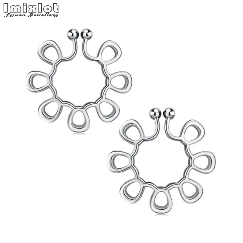 2pcs Stianless Steel Flower Heart Nipple Rings Fake Piercing Jewelry Women Sexy Nail Clips Nipple Clamps Pierced Body Jewelry
