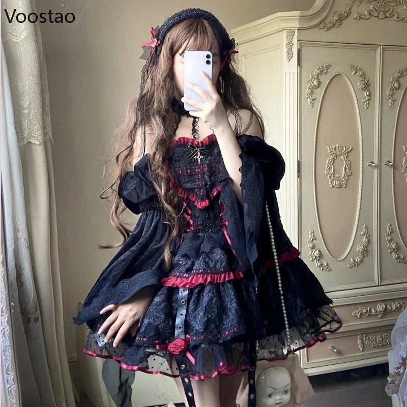 Gothic Lolita Jsk Dresses Victorian Women Elegant Lace Halter Neck Dark Mini Dress Girls Punk Y2K Halloween Holiday Party Dress