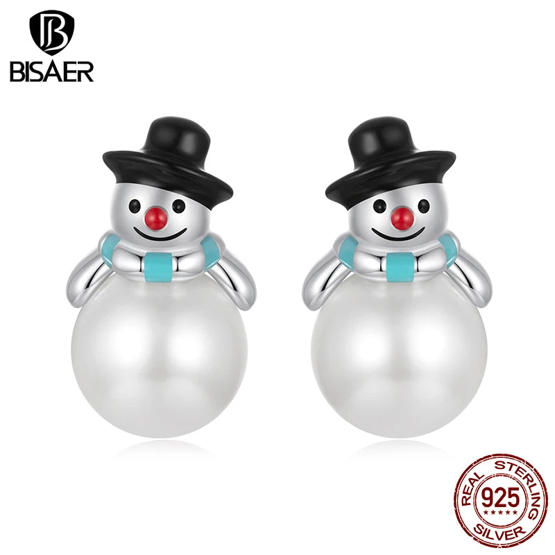 Boucles d'oreilles à tige en argent sterling 925 BISAER en forme de bonhomme de neige avec perles et émail plaqué or blanc pour femme, bijoux fins, cadeau de vacances