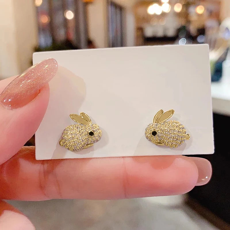 Huitan Animal Rabbit Stud Earrings for Women Full Paved CZ Cute Ear Accessories Fancy Girls Gift Daily Wear Party Trendy Jewelry