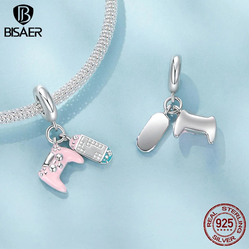 BISAER 925 Sterling Silver Pink FireworkAs Castle Pendant Game Consoles Suitable Charm Bead Fit Women DIY Bracelet Fine Jewelry