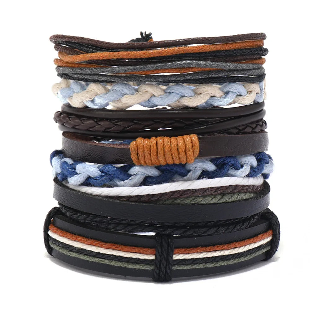 6Pcs/ Set Braided Wrap Leather Bracelets for Men Vintage Life Tree Rudder Charm Wood Beads Ethnic Tribal Wristband Rope Bracelet