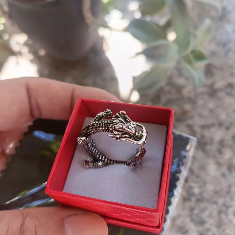 Buyee 925 Sterling Silber Einzigartiger Ringfinger für Damen und Herren, modisch, chinesischer Drache, Tier, Rock, Punk, edler Schmuck, Kreis, mit Box