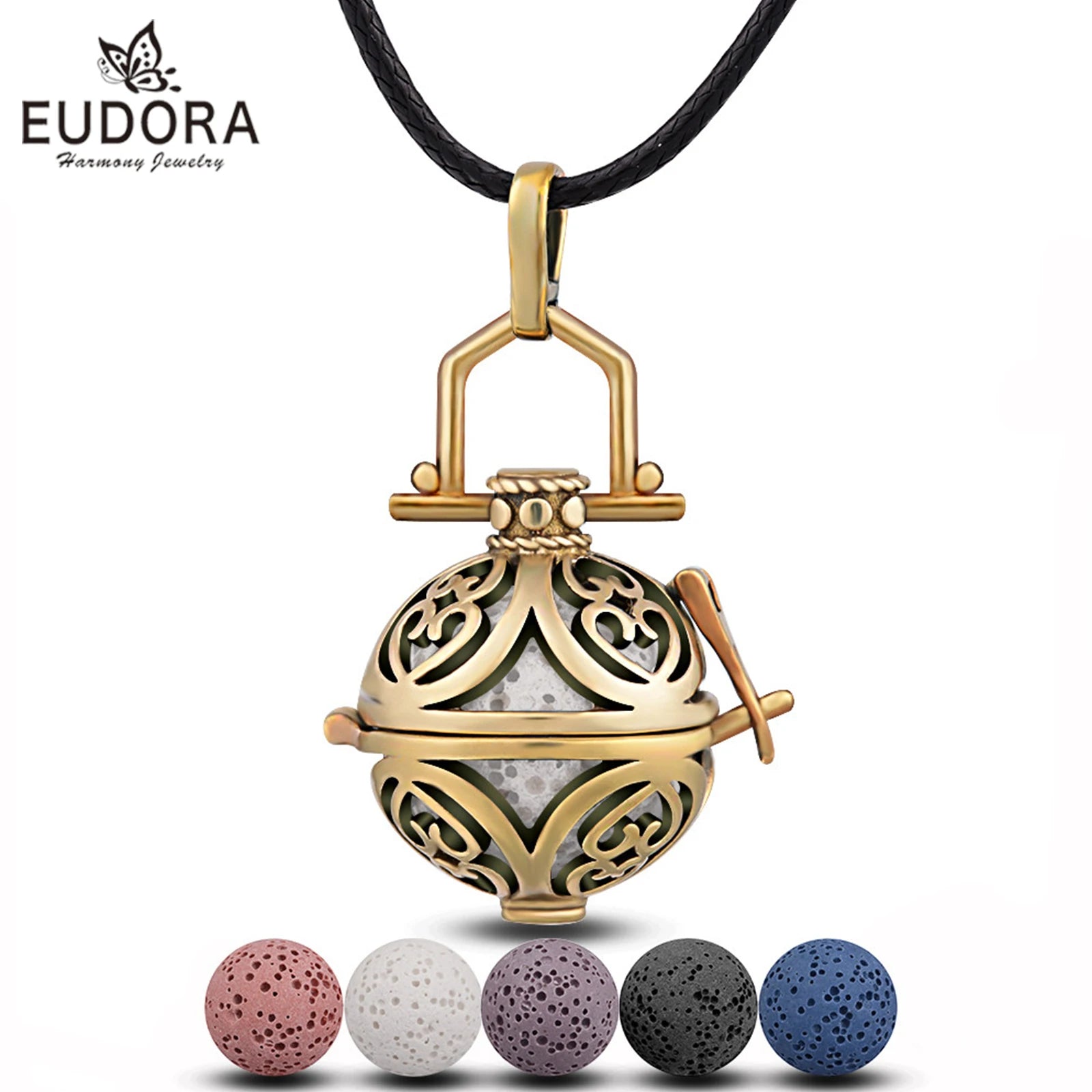 Collier Eudora en pierre de lave volcanique 16 mm avec pendentif en forme de cœur et diffuseur de parfum et d'arômes, bijoux d'aromathérapie, cadeau pour femme
