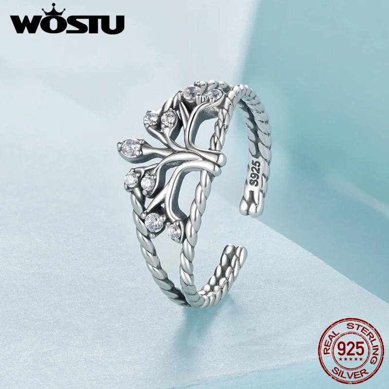 WOSTU Tree of Life Ring 925 Sterling Silver Open Adjustable Ring,  Women AAA cubic zirconia Vintage Twist Rope Rings Family Gift