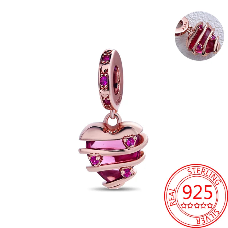 925 Sterling Silver Real Rose Gold Pink Octopus Summer Turtle Heart Dangle Charm Fit Original Bracelet Necklaces Bracelet Girl