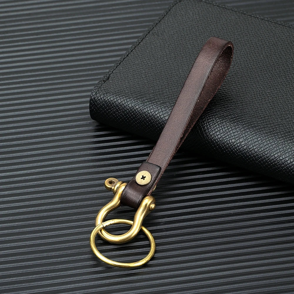 MKENDN Retro Solid Brass Carabiner Hook Nautical Horseshoe Shackle Genuine cow leather Strap Hholder keychain keyring FOB Gifts
