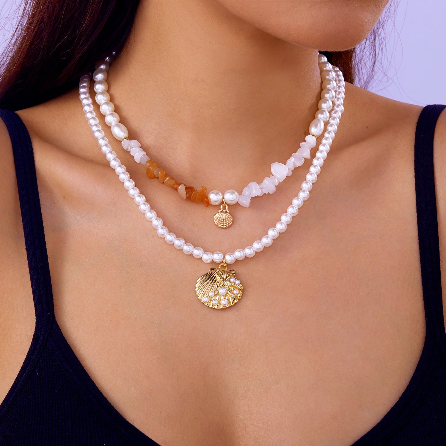 Bohemian Multilayer Starfish Sea Shell Rice Beads Necklace For Women Vintage Fishtail Pearl Conch Clavicle Choker Beach Jewelry