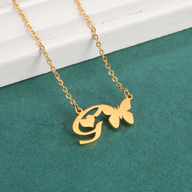 New Fashion 26 Initials Letter Pendant Butterfly Necklace for Women Elegant Stainless Steel Gold Color Necklace Jewelry Gift