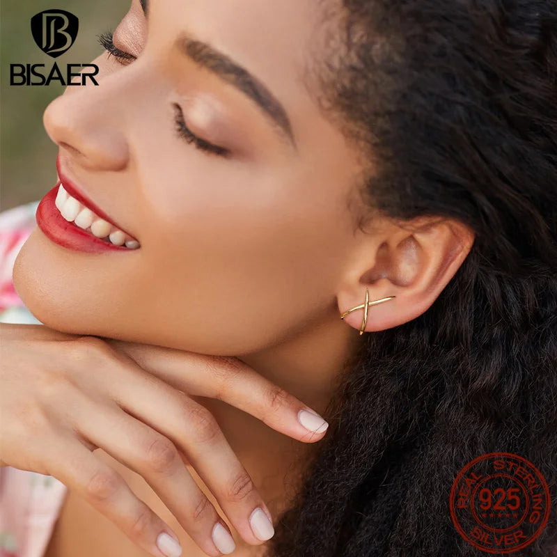 BISAER 925 Sterling Silver Double Huggie Stud Earrings Trendy  X Minimalist Hypoallergenic 14K Gold Plated Earrings for Women