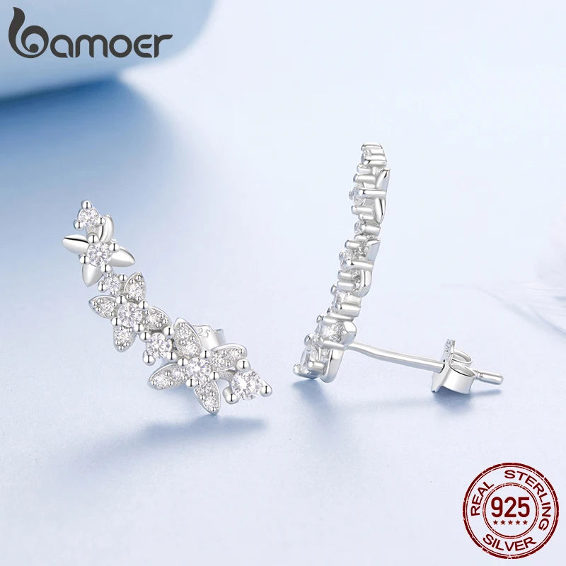 BAMOER 925 Sterling Silver Clover Crawler Stud Earrings Sparkling Zircons Branch-shaped Ear Cuffs Women Hypoallergenic Jewelry