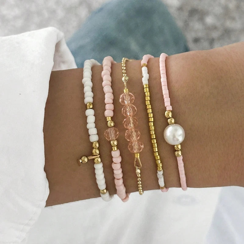 Handmade Black Glass Stone Bracelet Set For Women Bohemian Multilayer Stacked Rice Beaded Link Chain Bangle Fashion Jewelry