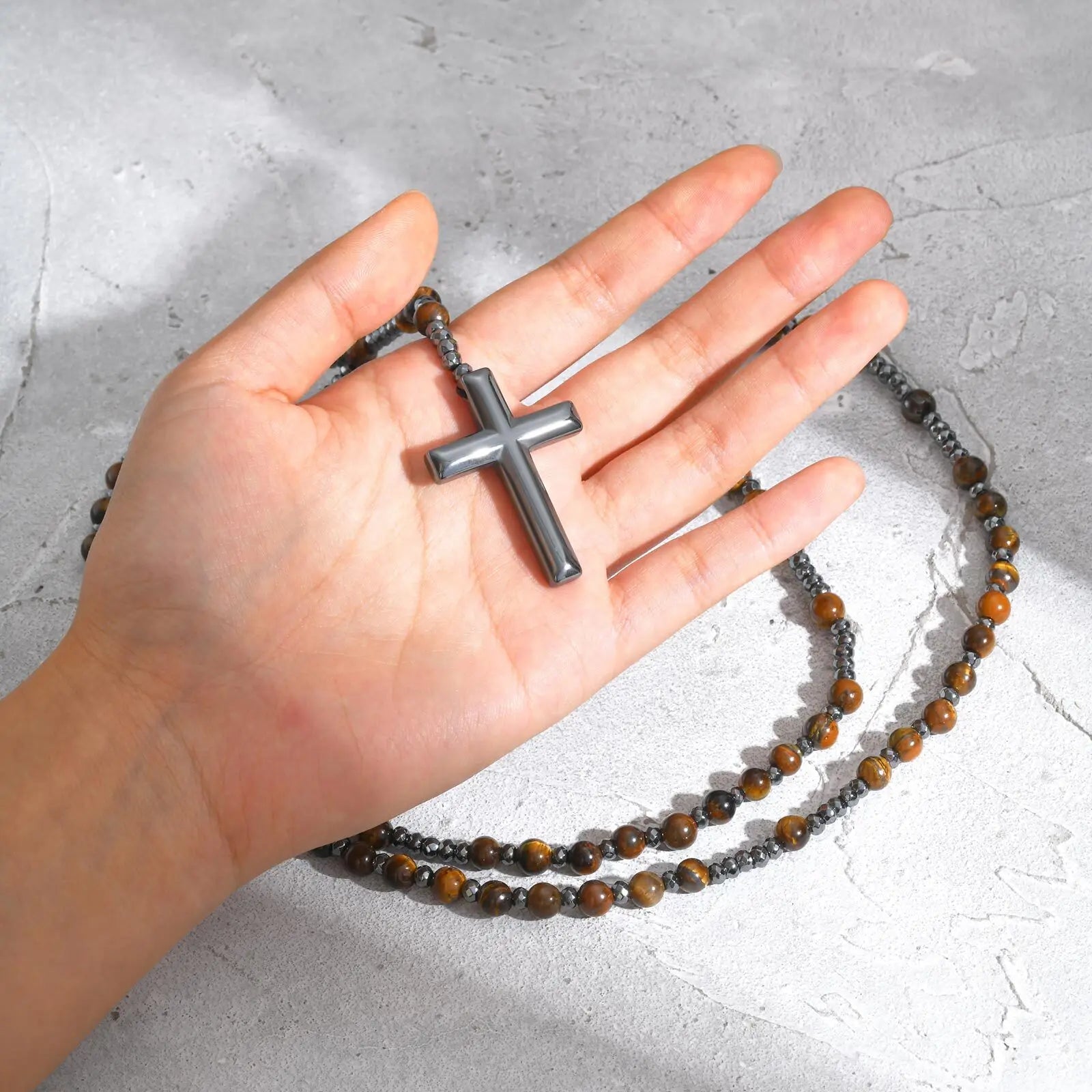 Vnox Natural Stone Power Banlace Healing Beads Necklaces for Men Women,Long Rosary Necklaces,Christian Prayer Faith Cross Collar