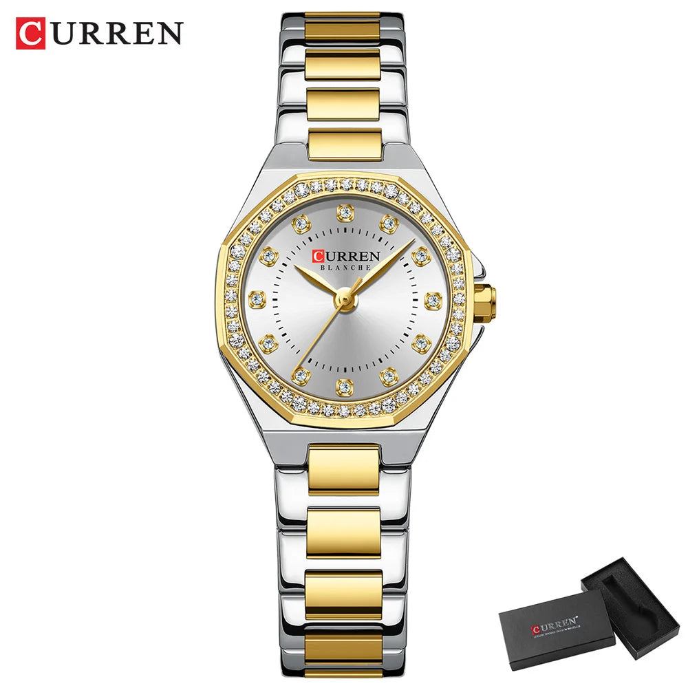 CURREN Luxury Elegance Watch for Women Simple Quartz Wristwatches with Sparkling Rhinestones Stainless Steel Bracelet Waterproof