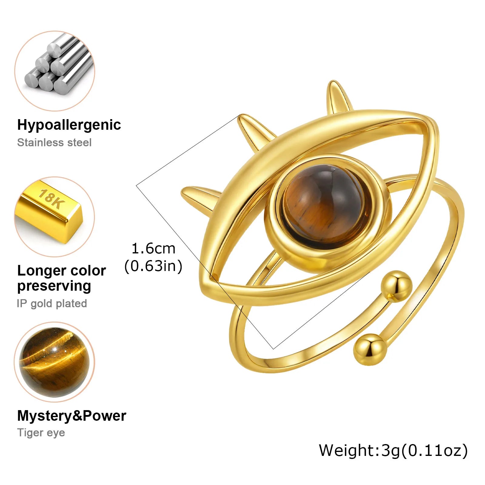 Vnox Brown Stone Eye-shaped Stainless Steel Rings Irregular Opening Trendy Rings  For Women Stone Finger Jewelry Never Lose