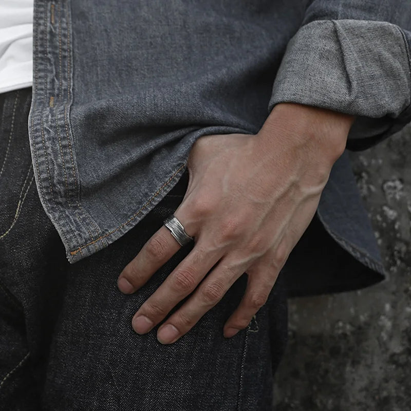 Retro Traces Strip Ring For Men Silver Color Punk Gothic Rock Hiphop Open Ring Biker Accessories Handmade Jewelry Unisex Gift