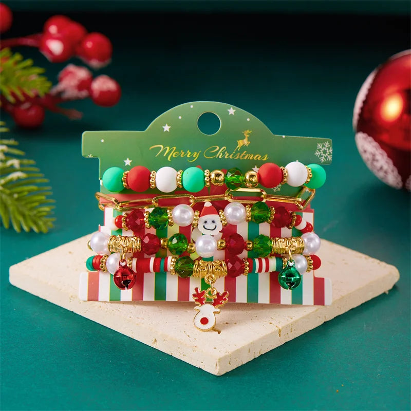 5Pcs Multilayer Beaded Bracelet Set For Women Multicolor Rice Beads Christmas Tree Santa Claus Snowman Bangle New Year Jewelry