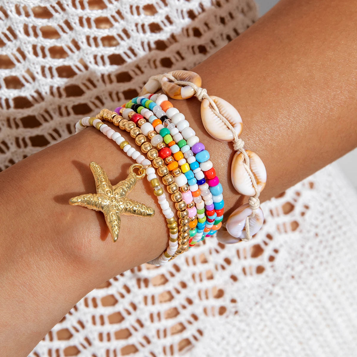 Tocona Bohemian Resort Style Shell Beaded Weaving Bracelet Beach Style Starfish Rice Beads Seven Piece Set for Women 25134 - Madeinsea©