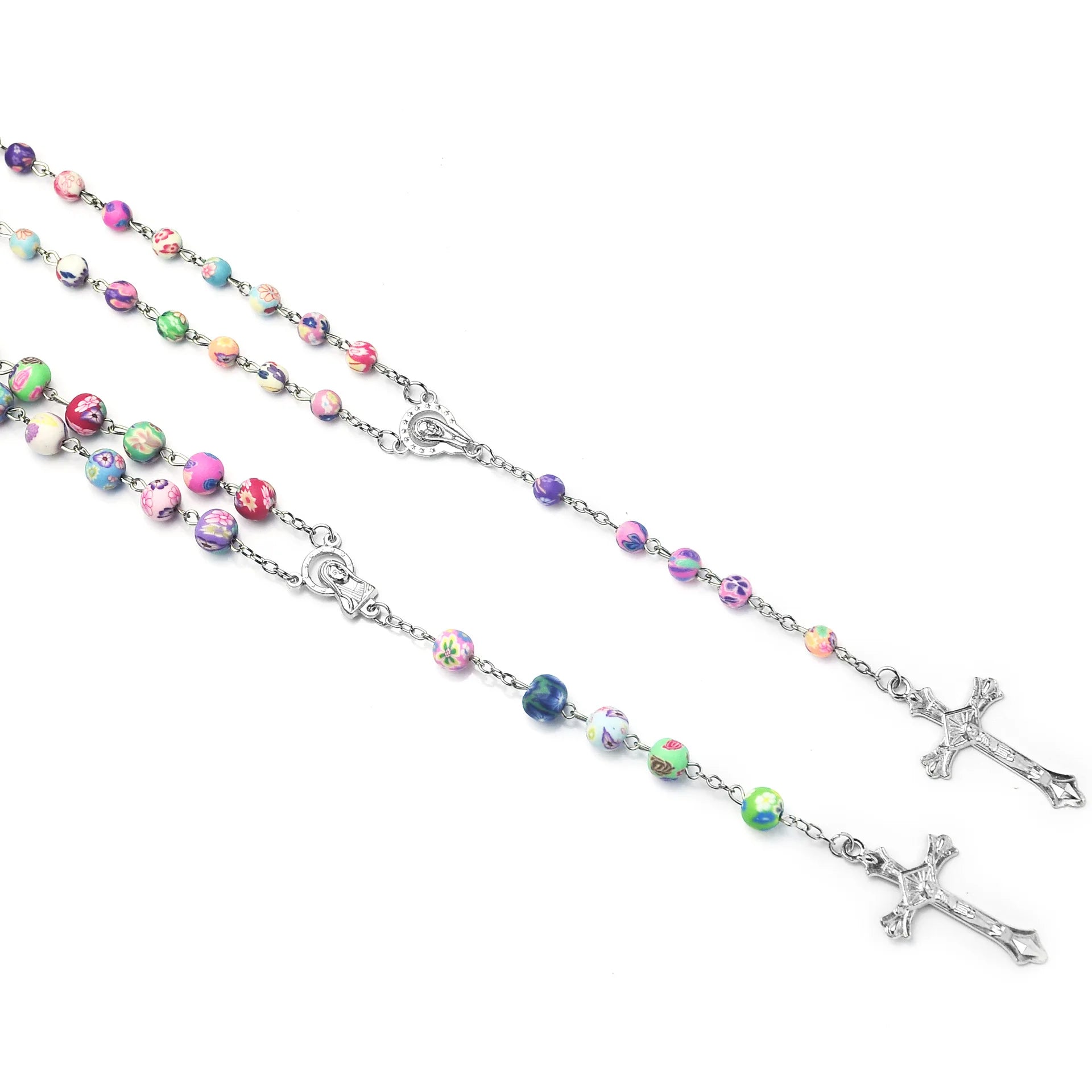 Multicolor Polymer Clay Beads Rosary Cross Necklace For Women INRI Crucifix Pendant Fimo Chain Female Religion Jewelry