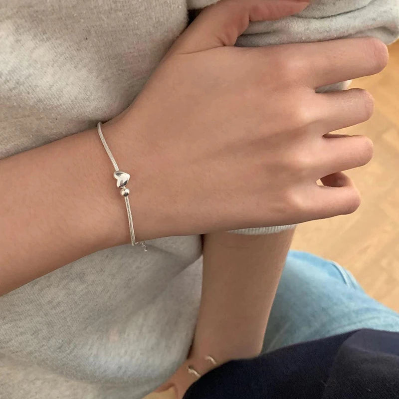 Korean Delicate Heart Beads Shiny Zircon Water Drop Bracelet For Women Simple Love Heart Beaded Adjustable Chain Bangle Jewelry