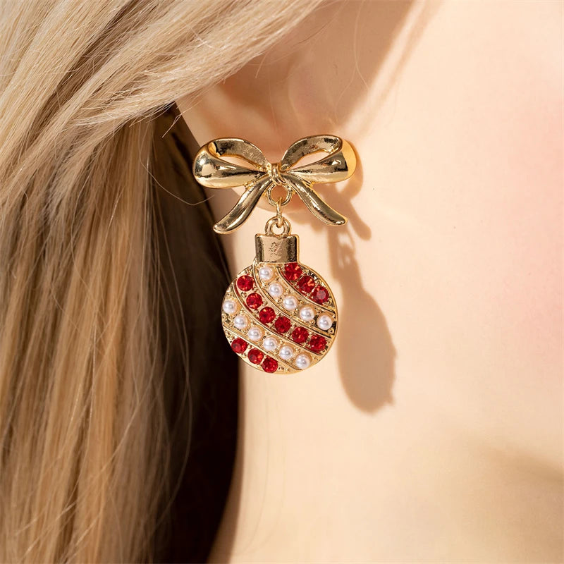 Christmas Red Zircon Pearl Bowknot Dangle Earrings For Women Santa Claus Snowflake Soldier King Pendant Earring Party Jewelry