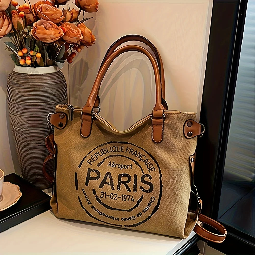 Vintage Canvas Tote Bag, Large Capacity, Water-Resistant with Adjustable Straps & Zipper Closure
