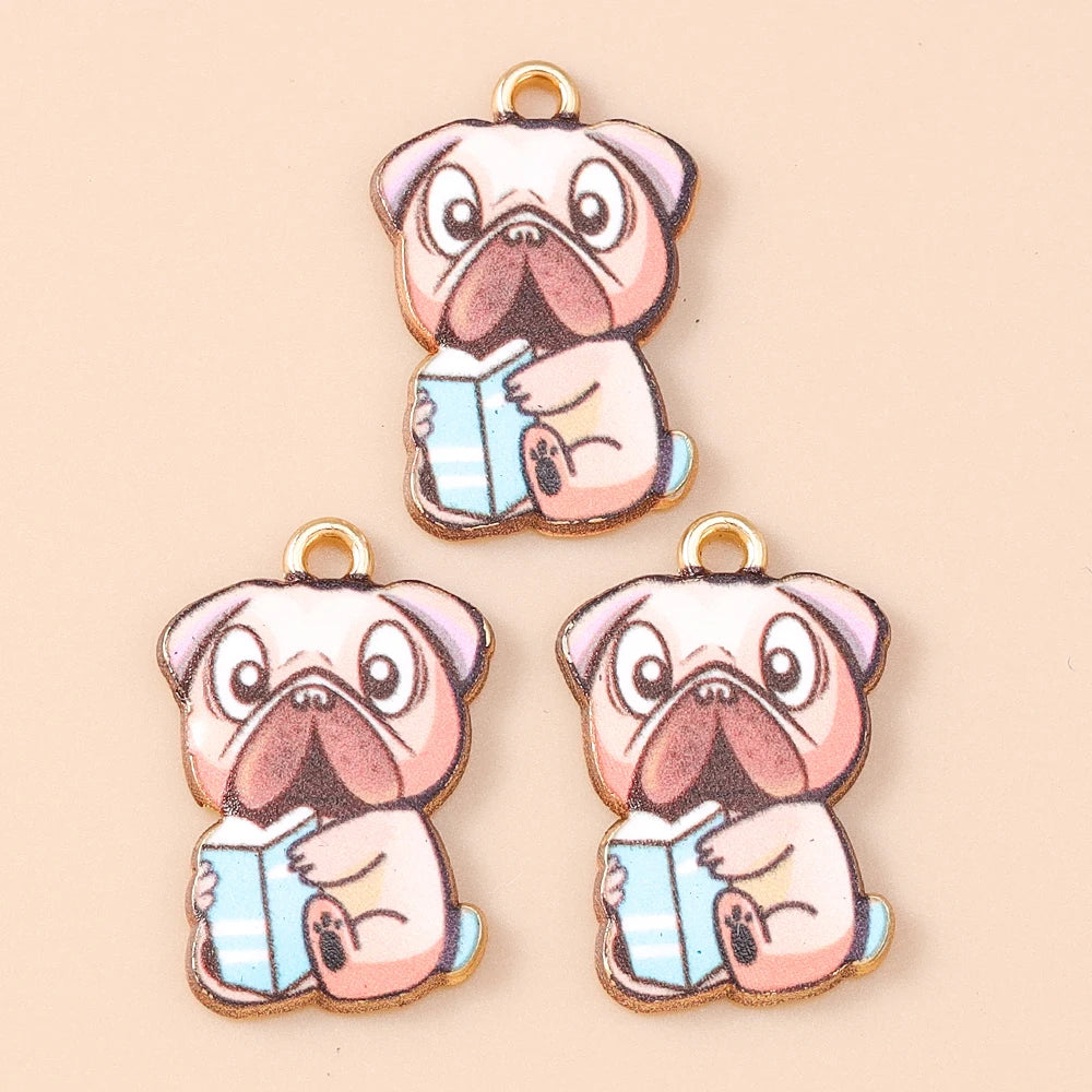 Leslie 10pcs New Cartoon Animal Dog Charms Enamel Metal Book Drinking Dog Pendants For Women DIY Necklace Earrings Jewelry Gifts