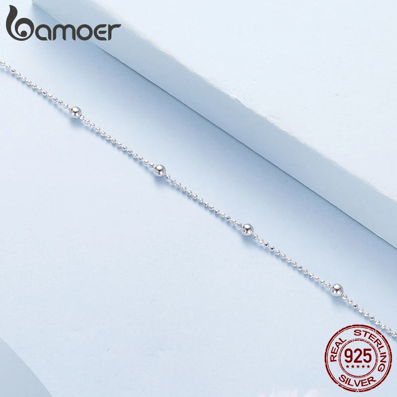 Bamoer 925 Sterling Silver Beads Anklet Minimalist Solid Summer Body Jewelry for Women Teens Fashion Beach Party Gift
