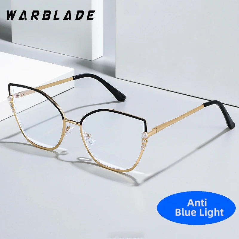 High Quality Metal Computer Glasses Frame Women Men Anti Blue Light Pearl Cat Eye Eyewear Blocking Optical Spectacle Eyeglass