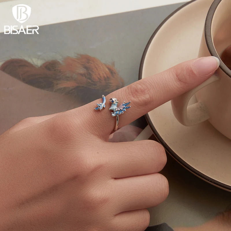 BISAER 925 Sterling Silver Flying Dragon Open Ring Blue Enamel Band Plated White Gold for Women Party Original Fine Jewelry
