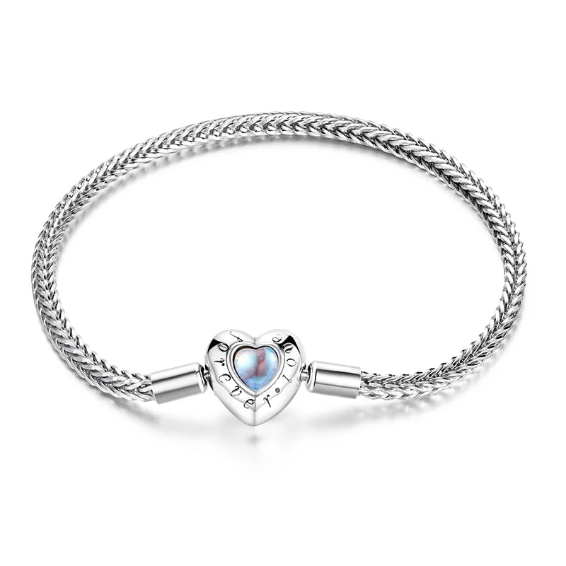 BAMOER Herzförmiges Charm- und Perlenarmband 925 Sterling Silber Schlangenkette Grundlegendes Armband für Frauen Mondsteinschmuck 17CM 19CM