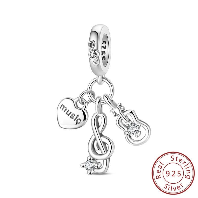 100% 925 Sterling Silver Guitar Rock Musical Note Carousal Headphones Charms Beads For Bracelet Necklace DIY Jewelry Accessories