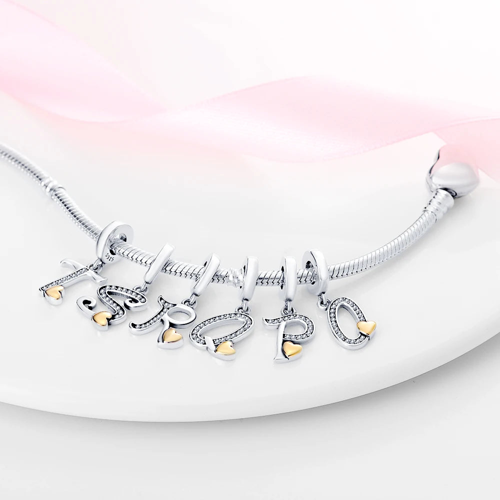 Classic 925 Sterling Silver 26 Gold Color Heart Zircon Letter A-Z Charms Beads Fit Original Bracelets DIY Birthday Jewelry Gift