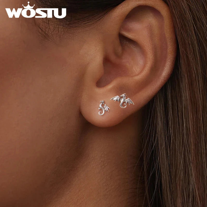 WOSTU 925 Sterling Silver Mini Dragon Piercing Dinosaur Earrings Stud 18k Gold Cute Novelty for Women Birthday Fine Jewelry Gift