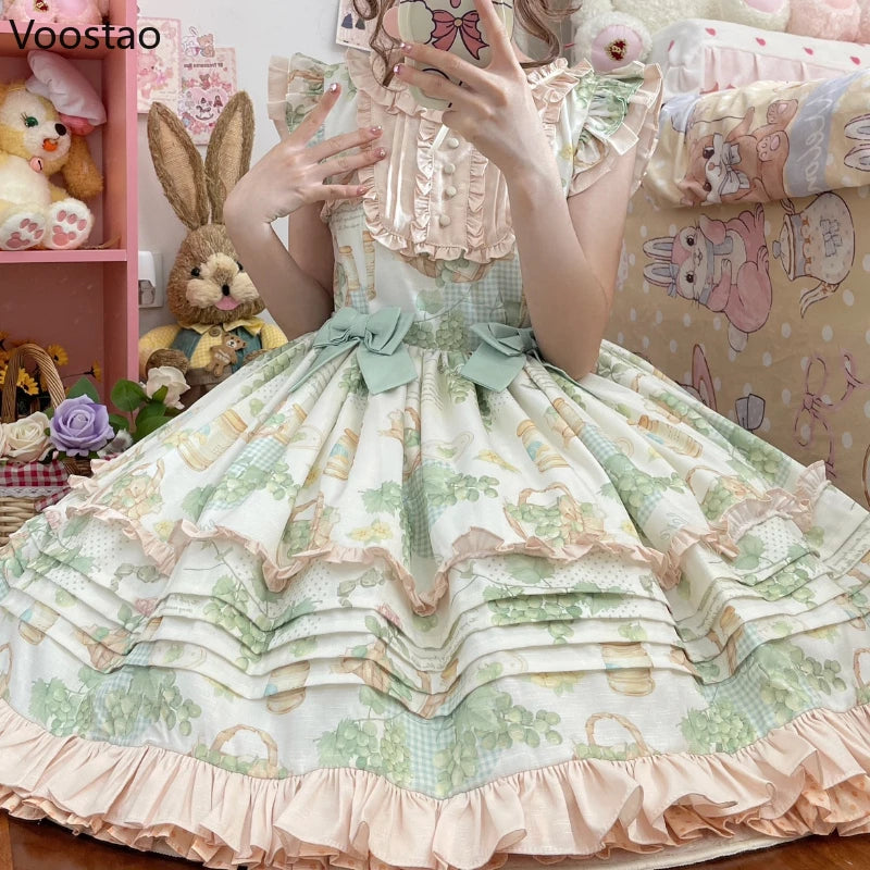 Japanese Sweet Lolita Dress Women Victorian Pastoral Style Princess Dress Ruffles Green Grape Print Bow Trailing Party Dresses