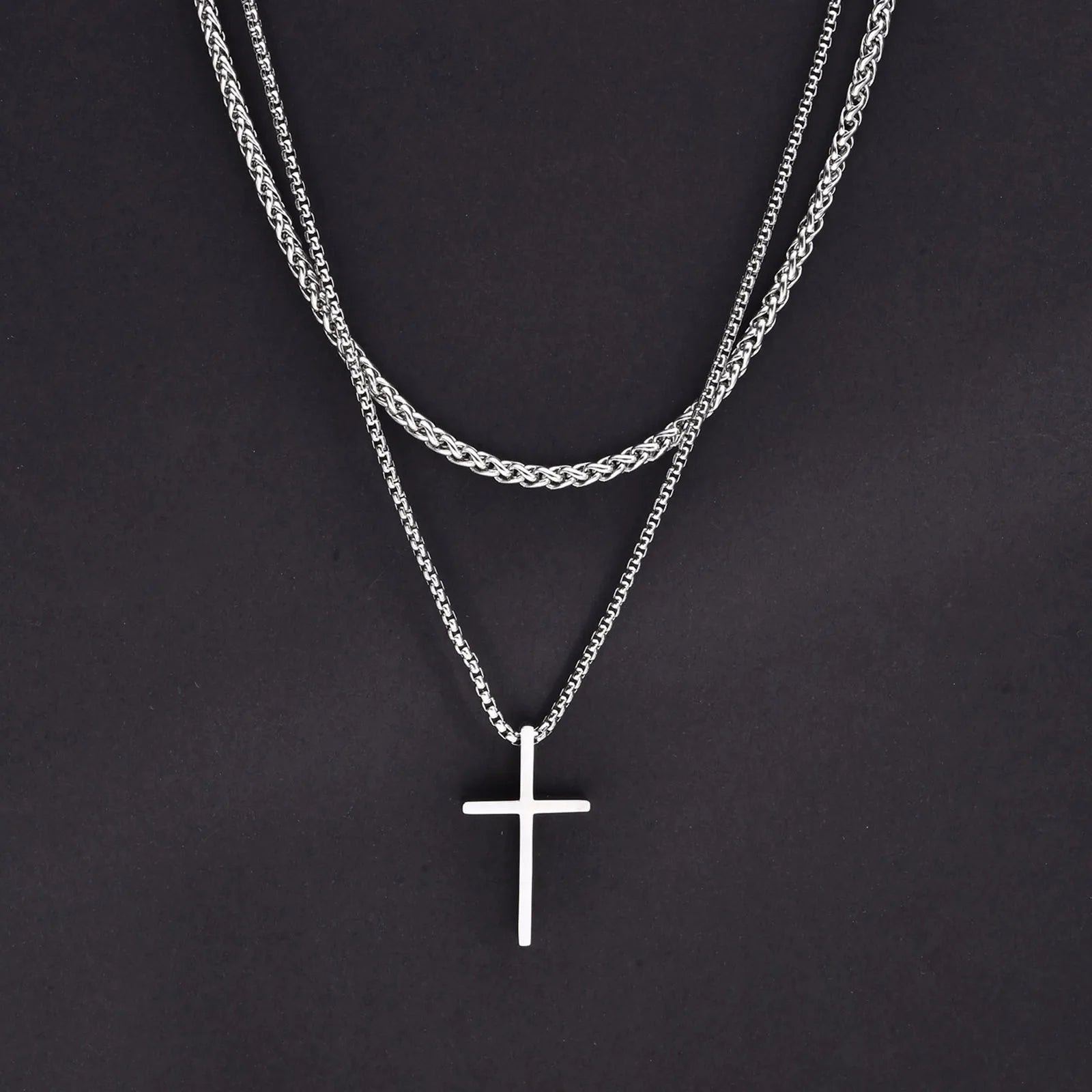 Vnox Mens Cross Necklaces, Stainless Steel Layered Plain Cross Pendant, Rope Box Chain Necklace, Simple Prayer Jesus Collar