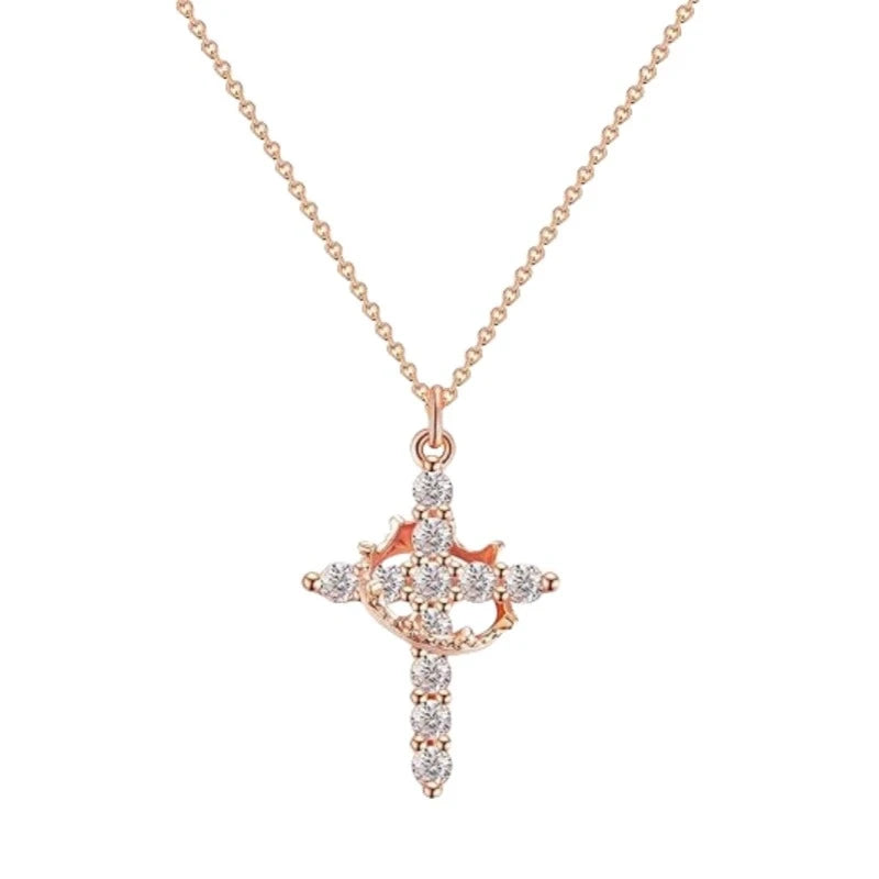 Stainless Steel Rotatable Crown Cross Pendant Necklace for Women Shiny Rhinestone Cross Metal Choker Christian Prayer Jewelry