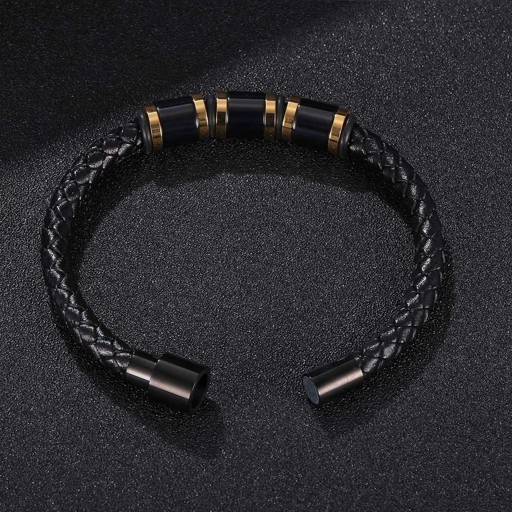 MKENDN Punk Beads Charm Men Bracelet Stainless Steel Magnetic Clasp Braided Leather Wrapping Bangles Man Jewelry Gift