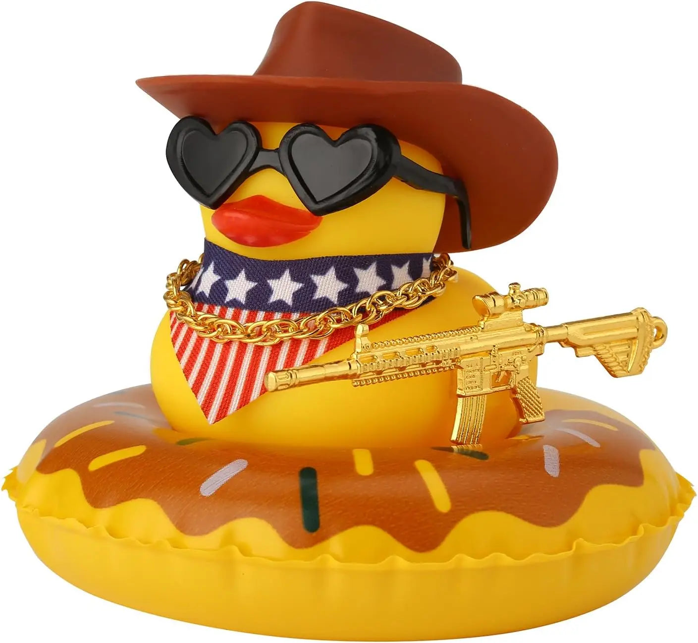 Rubber Duck with Weapon for Car Dashboard Decor, Squeaky Duck Toy Yellow Cowboy Ducks Car Ornament Fun Car Accessories