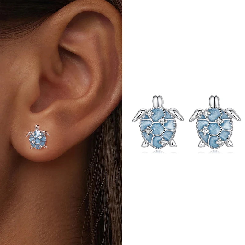 WOSTU Ocean Jewelry 925 Sterling Silver Blue Turtle Green Conch Stud Earrings Women Rainbow Mermaid Ear Hoops Beach Holiday Gift