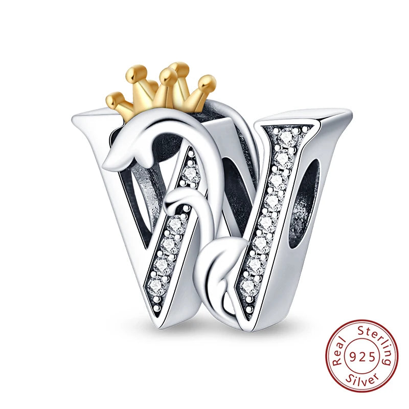 925 Sterling Silver 26 Alphabet A-Z Crown Letters Charms Bead Fit Original Bracelet Fine DIY Charm For Woman Anniversary Jewelry