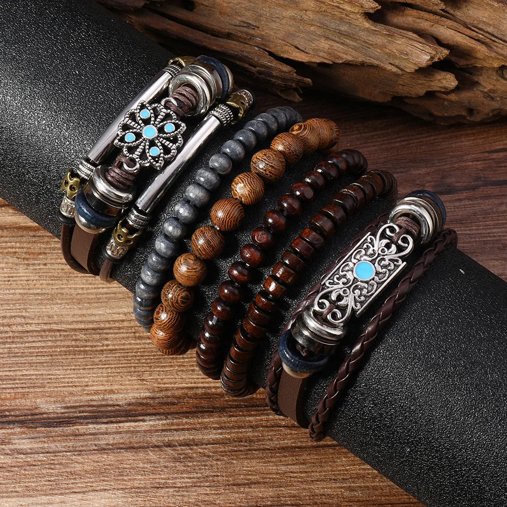 Bohemia Ethnic Leather Bracelets For Men Vintage Flower Wooden Bead Multi Layer Men’s Bracelets Gifts For Friend