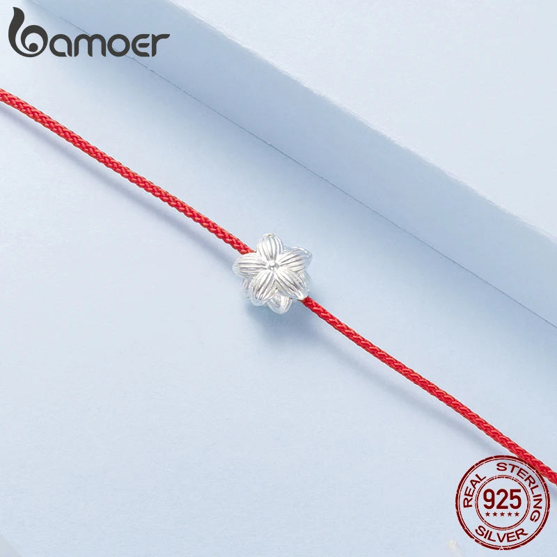 Bamoer Lotus-Armband aus 925er Sterlingsilber, zierliches, weißgoldplattiertes Armband aus roter, geknoteter Baumwollkette für Damen und Teenager-Mädchen