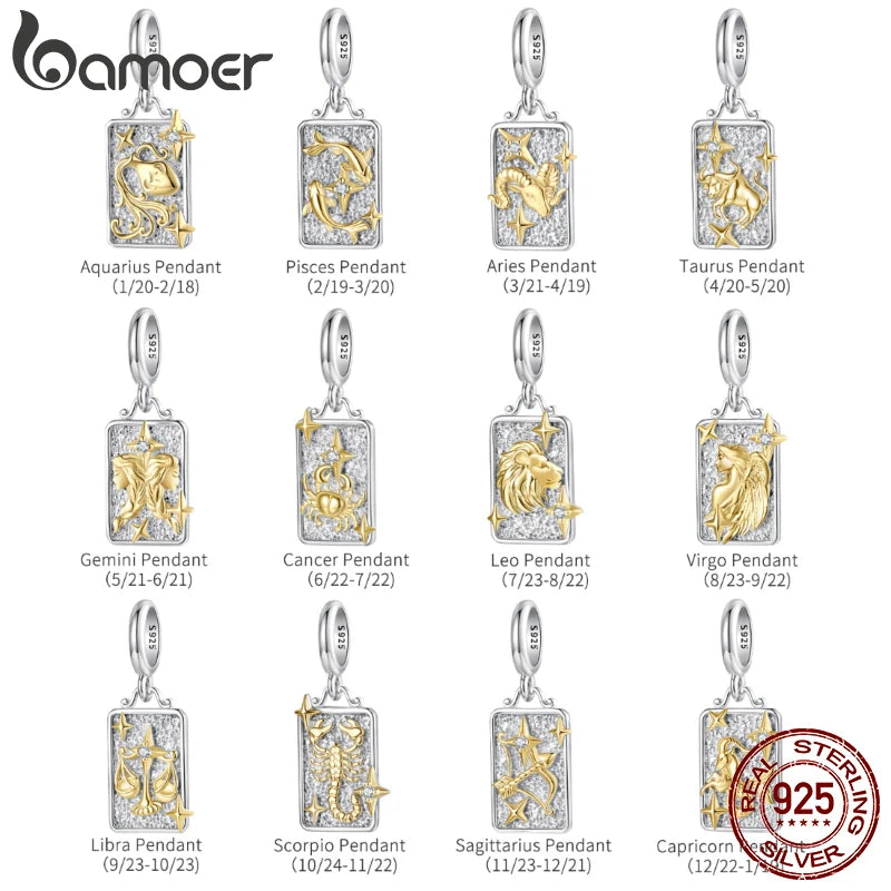 BAMOER 925 Sterling Silver Two-tones Constellation Pendant 12 Zodiac Beads for Necklace DIY Birthday Gift Jewelry Accessories