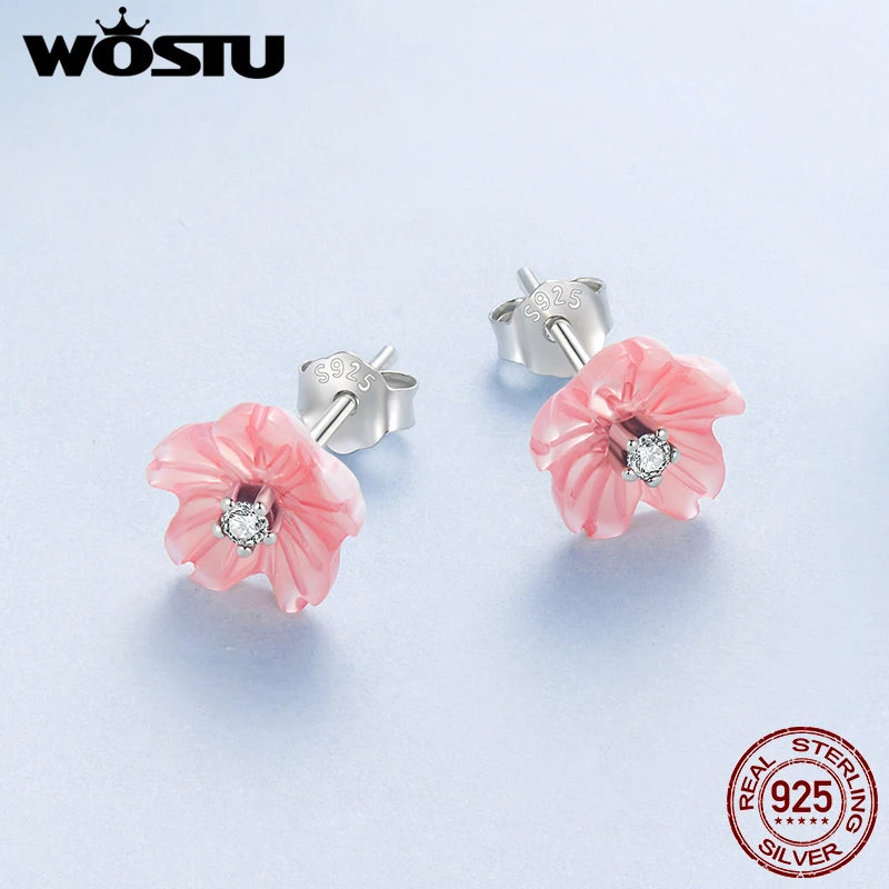 WOSTU Real 925 Sterling Silver Natural Pink Shell Flower Earrings 18K Gold Mini Sakura Flower Studs Party Wedding jewelry Gift