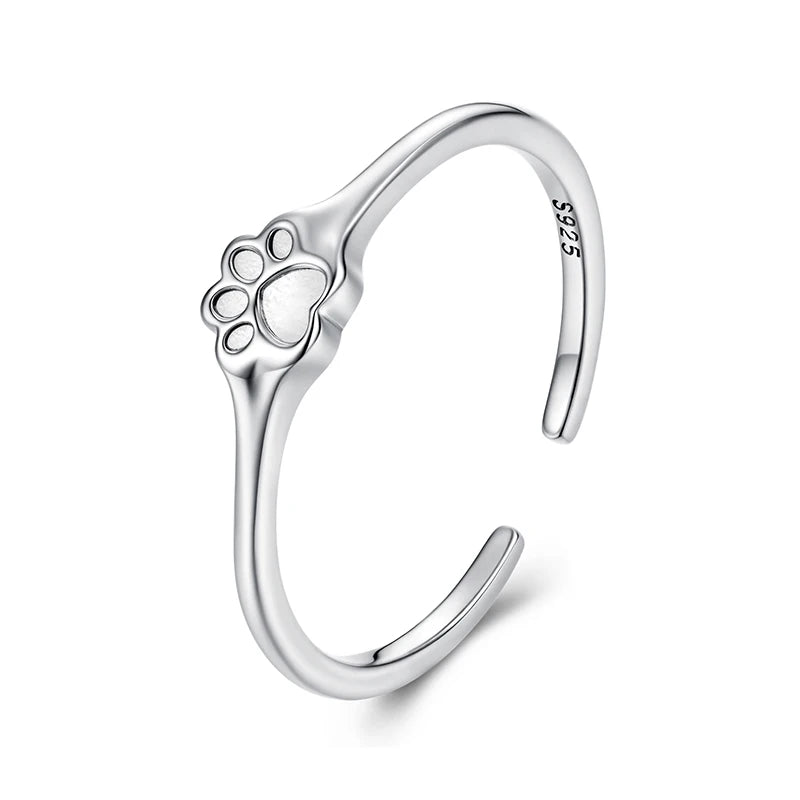 BAMOER Solid 925 Sterling Silver Pet Paw Open Band Ring for Women, Classic Minimalist Ring for Pet Lovers
