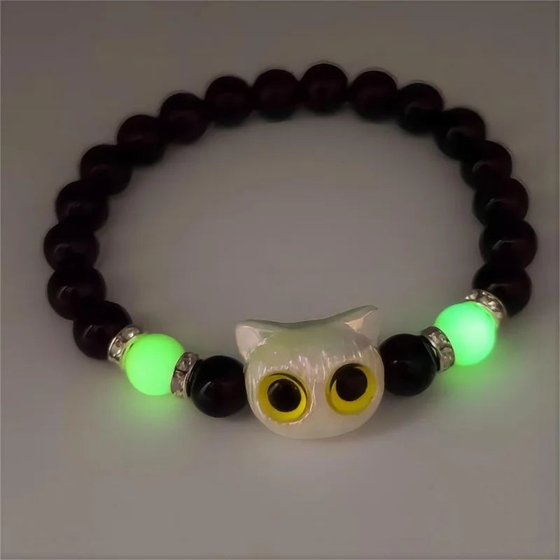Cute Big Eye Cat Luminous Bracelets For Women Men Cartoon Animal Black White Kitten Beaded Bangles Friendship Couple Jewelry