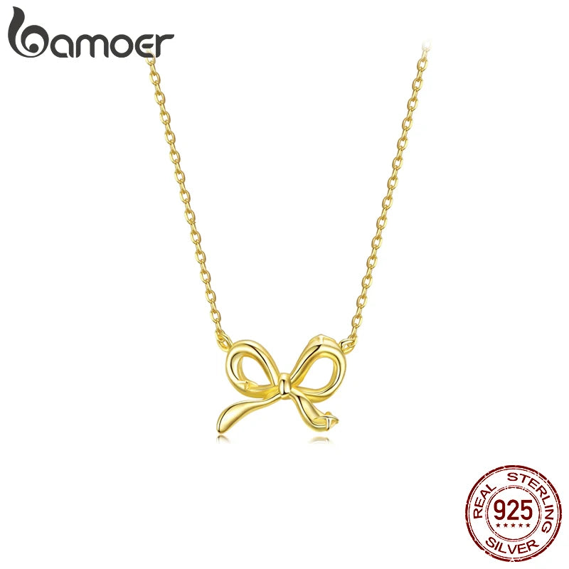 BAMOER 925 Sterling Silver Bowknot Chain Necklace Gold Plated Link Chain with Bow Choker for Women Girls Fashion Jewelry Gifts
