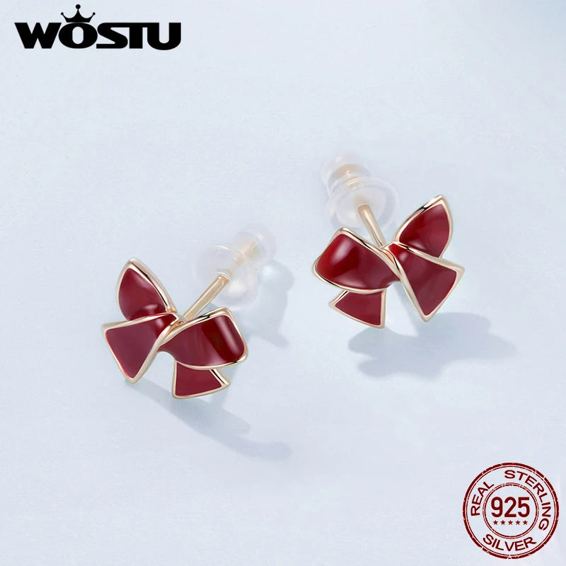WOSTU 925 Sterling Silver Rose Gold Red Heart Butterfly Stud Earrings For Women , Delicate Angela Red Doop Earring Huggies New
